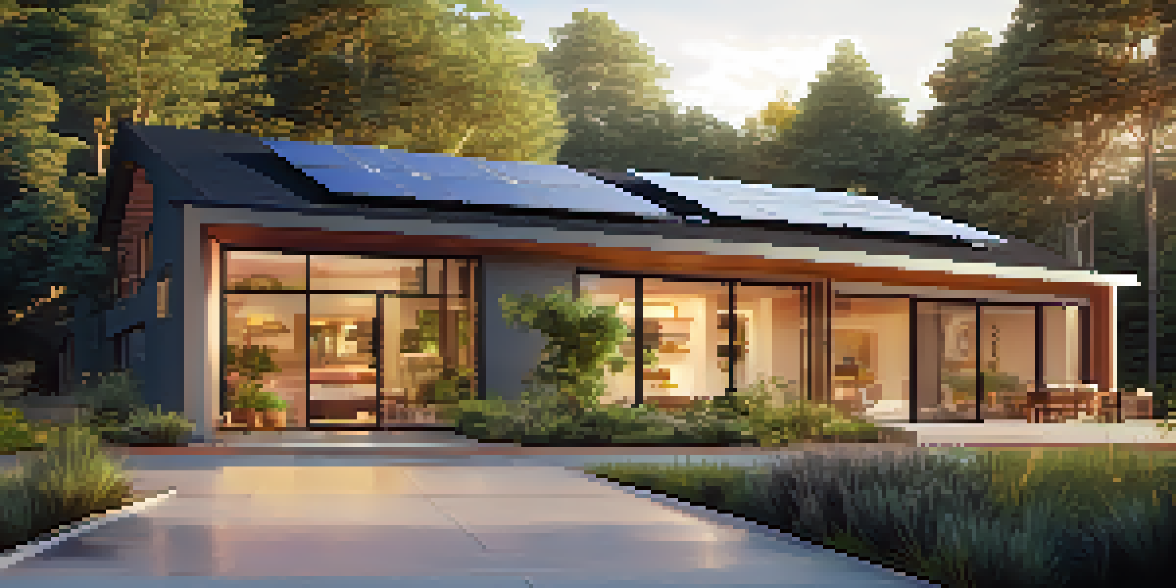 A modern eco-friendly home with solar panels, surrounded by green plants and trees, illuminated by warm evening light.