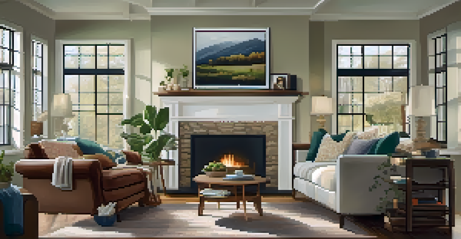 A family in a cozy living room discussing home warranty paperwork, with natural light and framed photos on the walls.