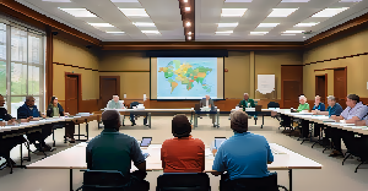 A community zoning board meeting with members discussing zoning proposals around a large table filled with maps and documents.