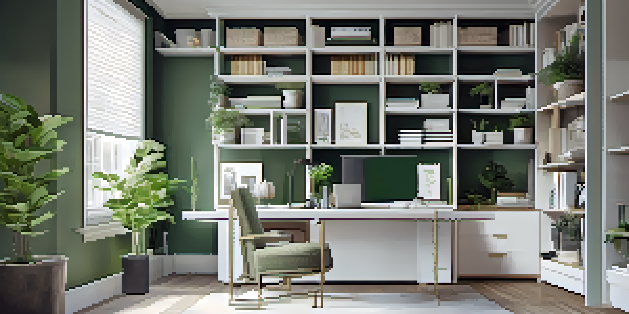 A modern home office with vertical shelves, a desk, and decorative items including plants and storage boxes, illuminated by natural light.