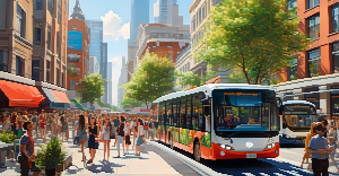 A lively urban street in a smart city with modern buildings, greenery, and people interacting with technology under warm afternoon light.