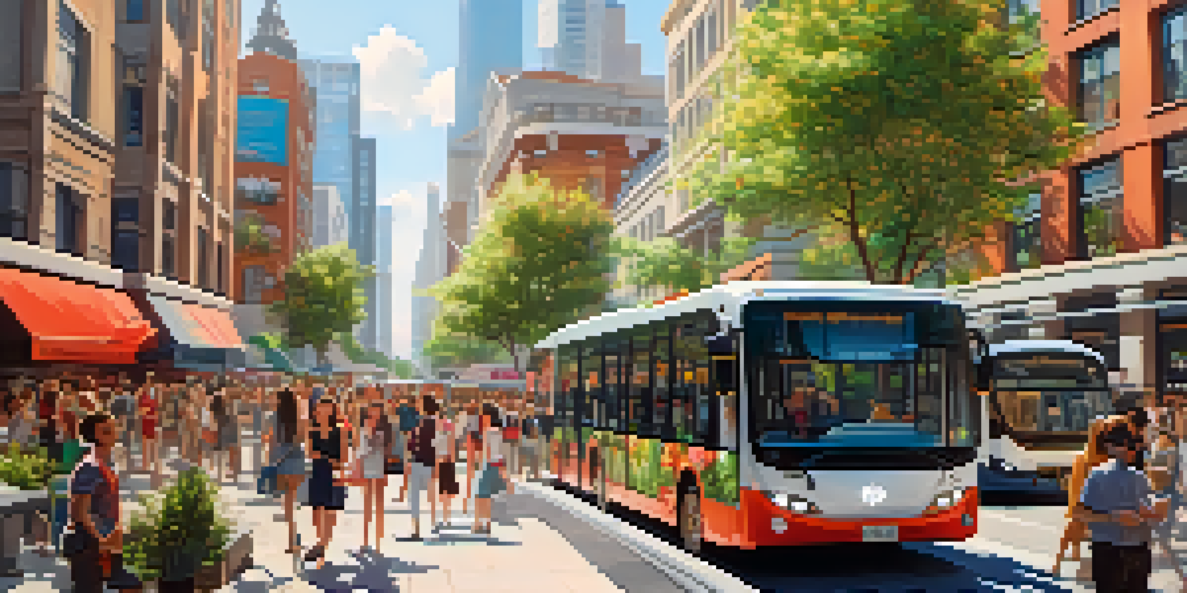 A lively urban street in a smart city with modern buildings, greenery, and people interacting with technology under warm afternoon light.