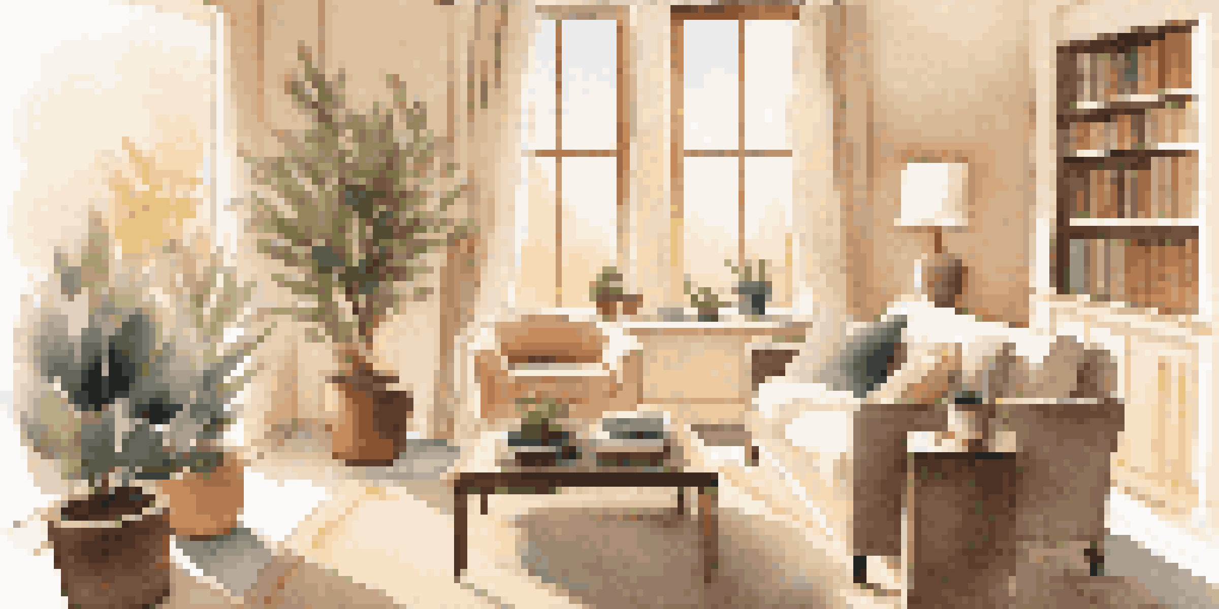 A warm and inviting living room with a cream sofa and beige walls, illuminated by natural light.