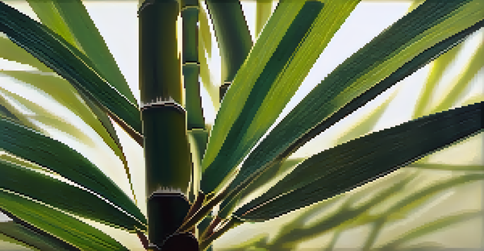 A detailed close-up of bamboo stalks with sunlight filtering through the leaves, highlighting its textures.