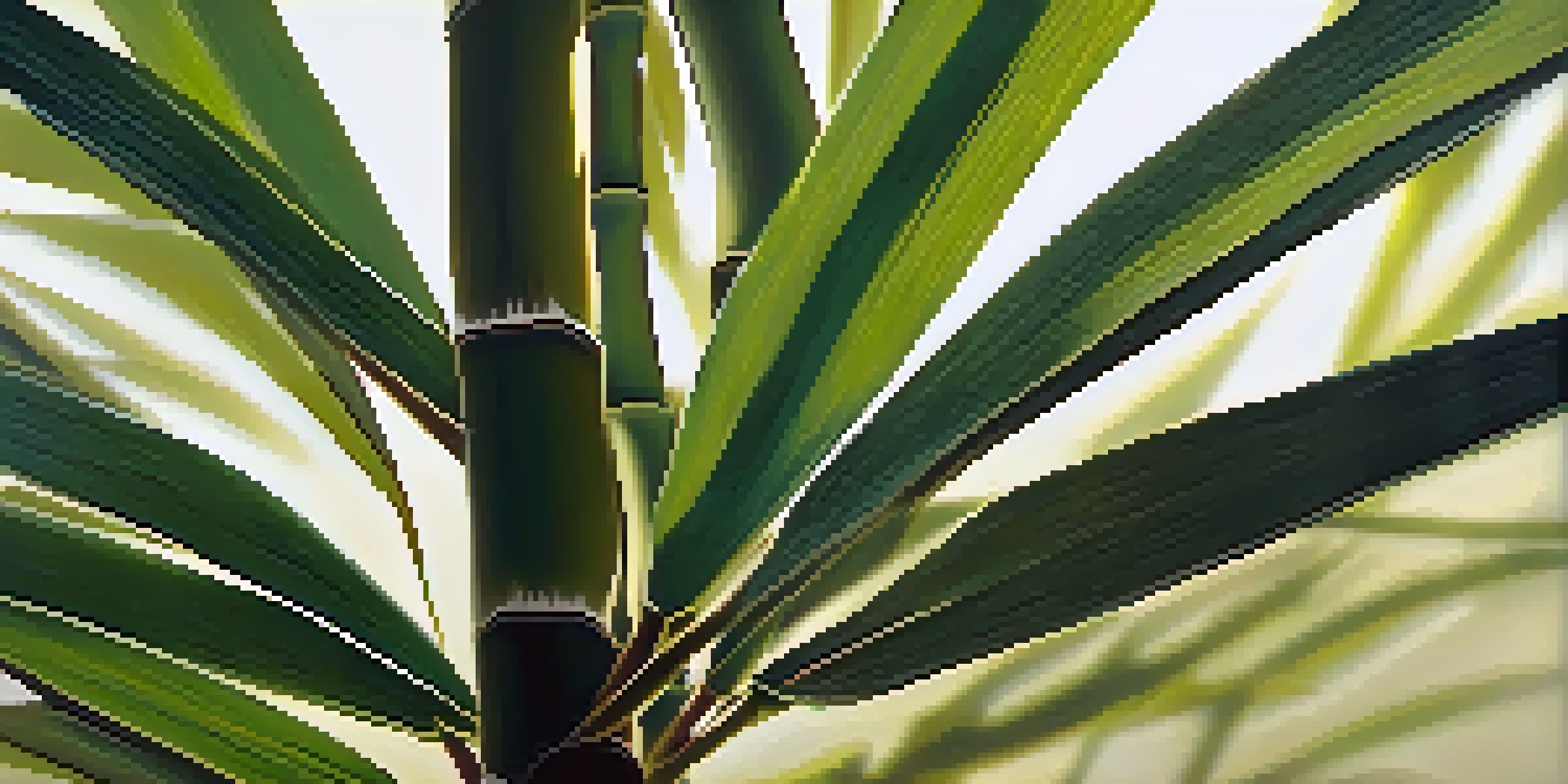 A detailed close-up of bamboo stalks with sunlight filtering through the leaves, highlighting its textures.