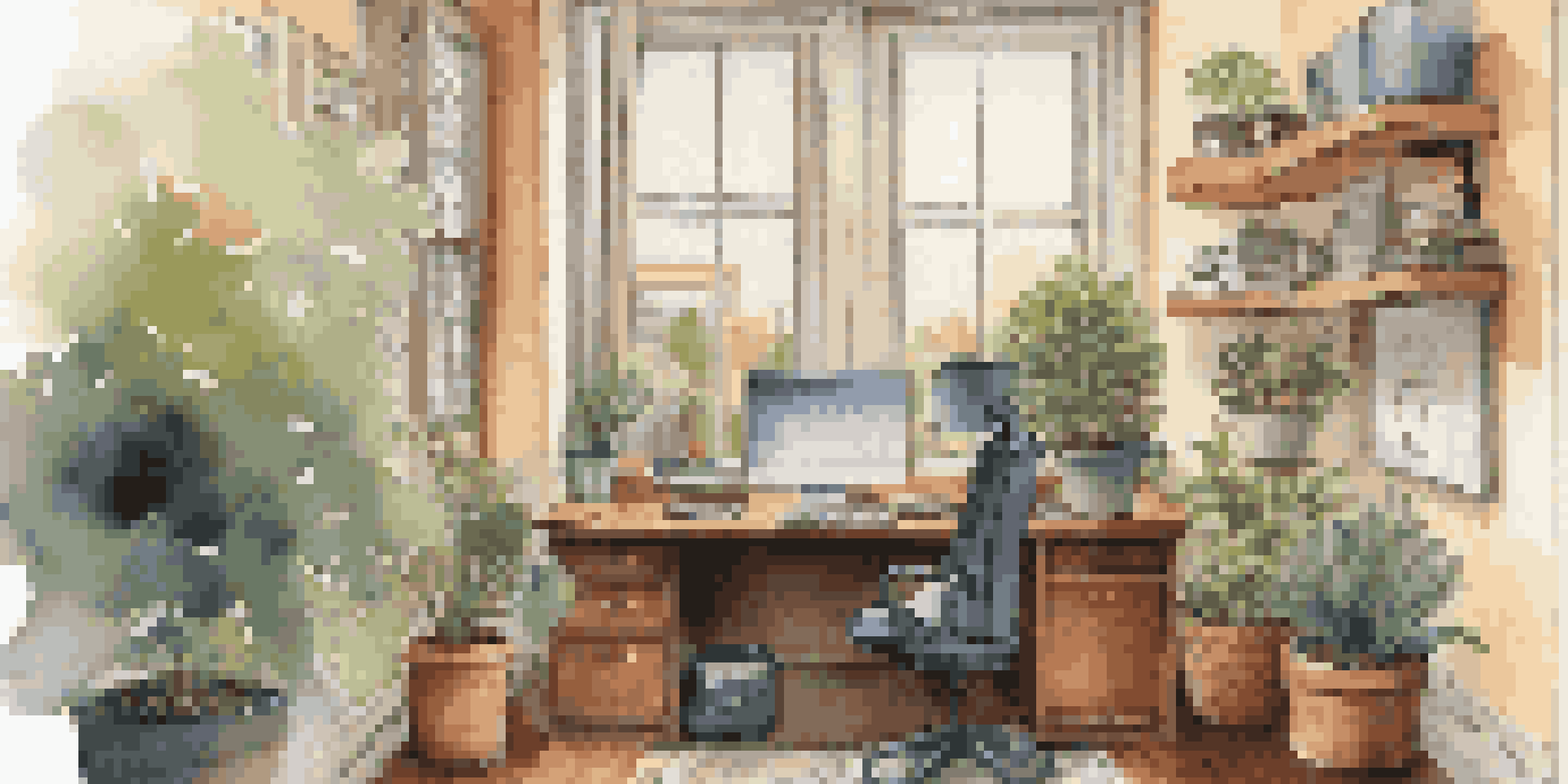 An office space where a real estate agent is working, featuring a desk with property listings, a laptop, and a view of a suburban neighborhood outside the window.