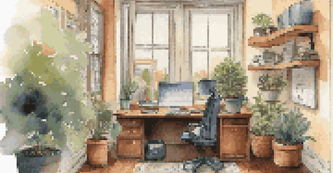 An office space where a real estate agent is working, featuring a desk with property listings, a laptop, and a view of a suburban neighborhood outside the window.