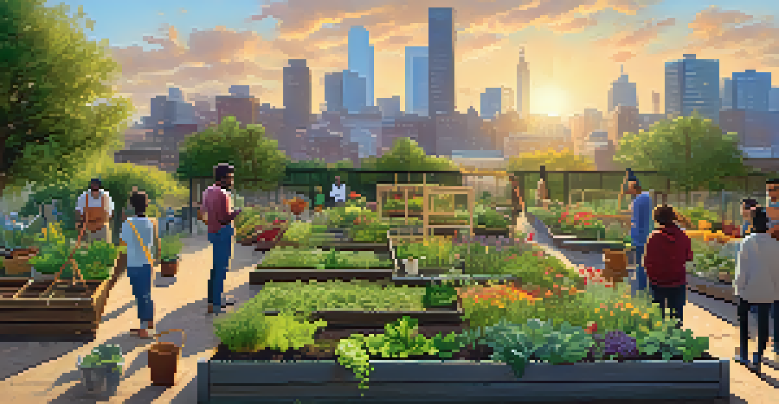 A community garden in the city with people gardening and a skyline in the background, bathed in golden sunlight.