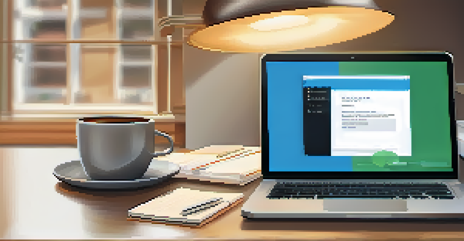 An office desk with a laptop open, displaying a friendly reminder message about late rent payments, accompanied by a cup of coffee.