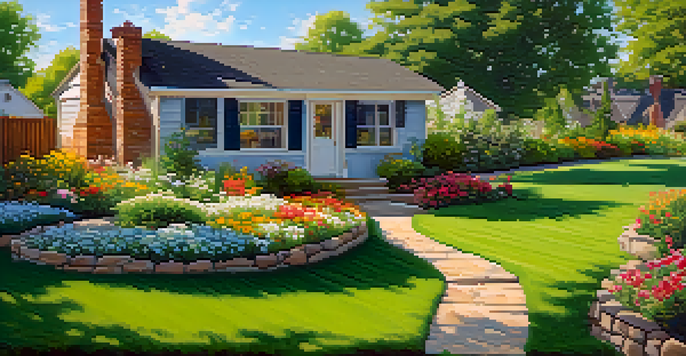 A lush green summer lawn with freshly mowed grass, colorful flowers, and a stone pathway leading to a garden shed under a bright blue sky.