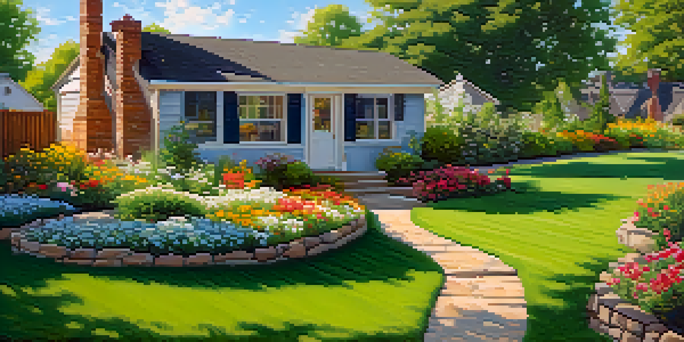 A lush green summer lawn with freshly mowed grass, colorful flowers, and a stone pathway leading to a garden shed under a bright blue sky.