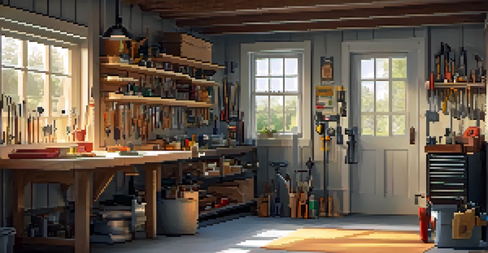 A well-organized garage interior with tools on walls and a workbench, illuminated by warm lights and natural light from a window.