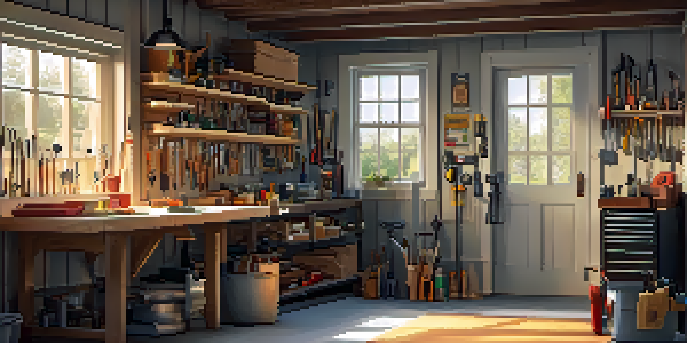 A well-organized garage interior with tools on walls and a workbench, illuminated by warm lights and natural light from a window.