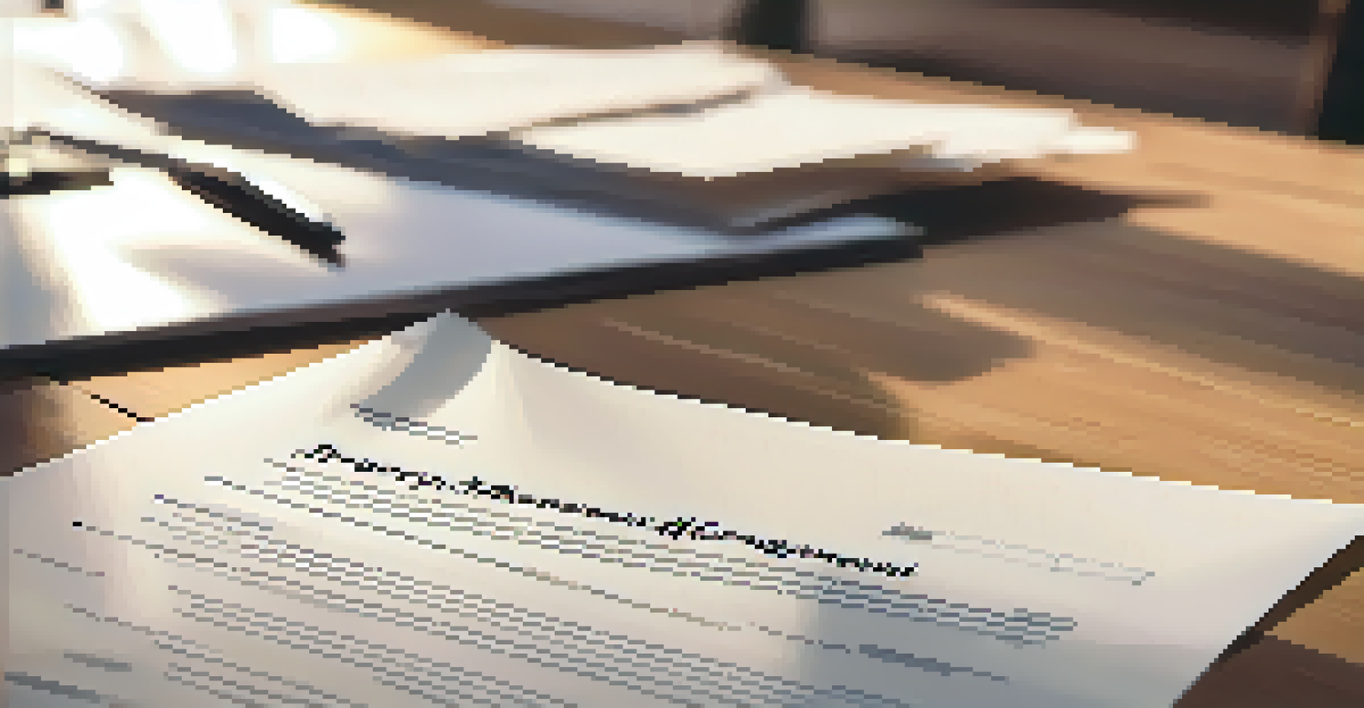 A close-up view of a property management agreement document on a wooden desk with a pen beside it.