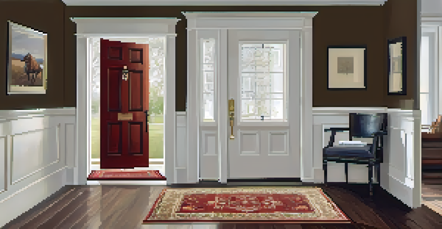 A sophisticated entryway with a classic wool rug and framed artwork, creating a harmonious atmosphere.