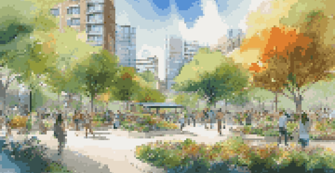 A lively urban park with greenery, colorful flowers, and modern buildings in the background, under a bright blue sky.