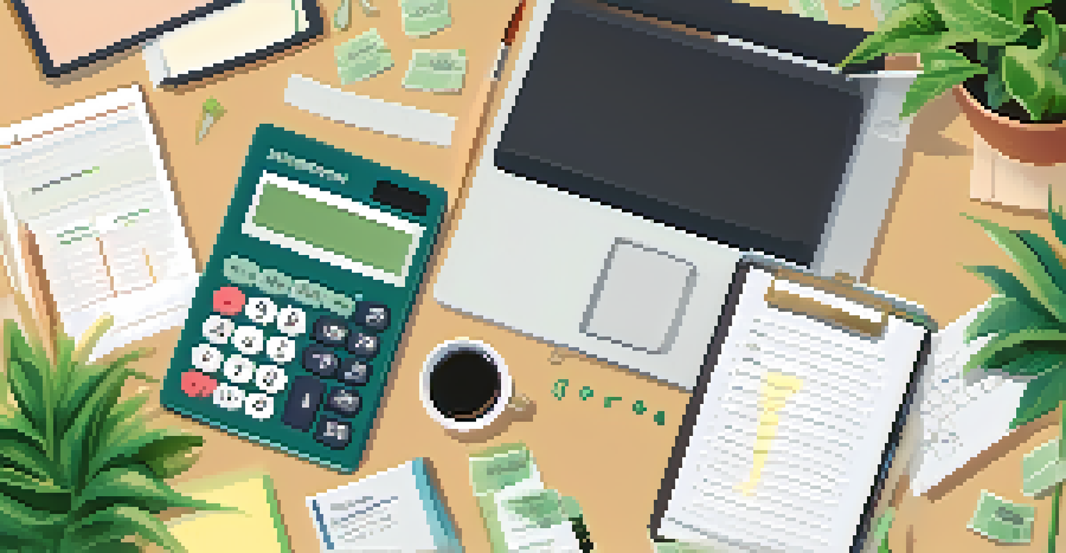 An organized workspace with a calculator, notepad, and laptop displaying a closing disclosure document, surrounded by green plants.