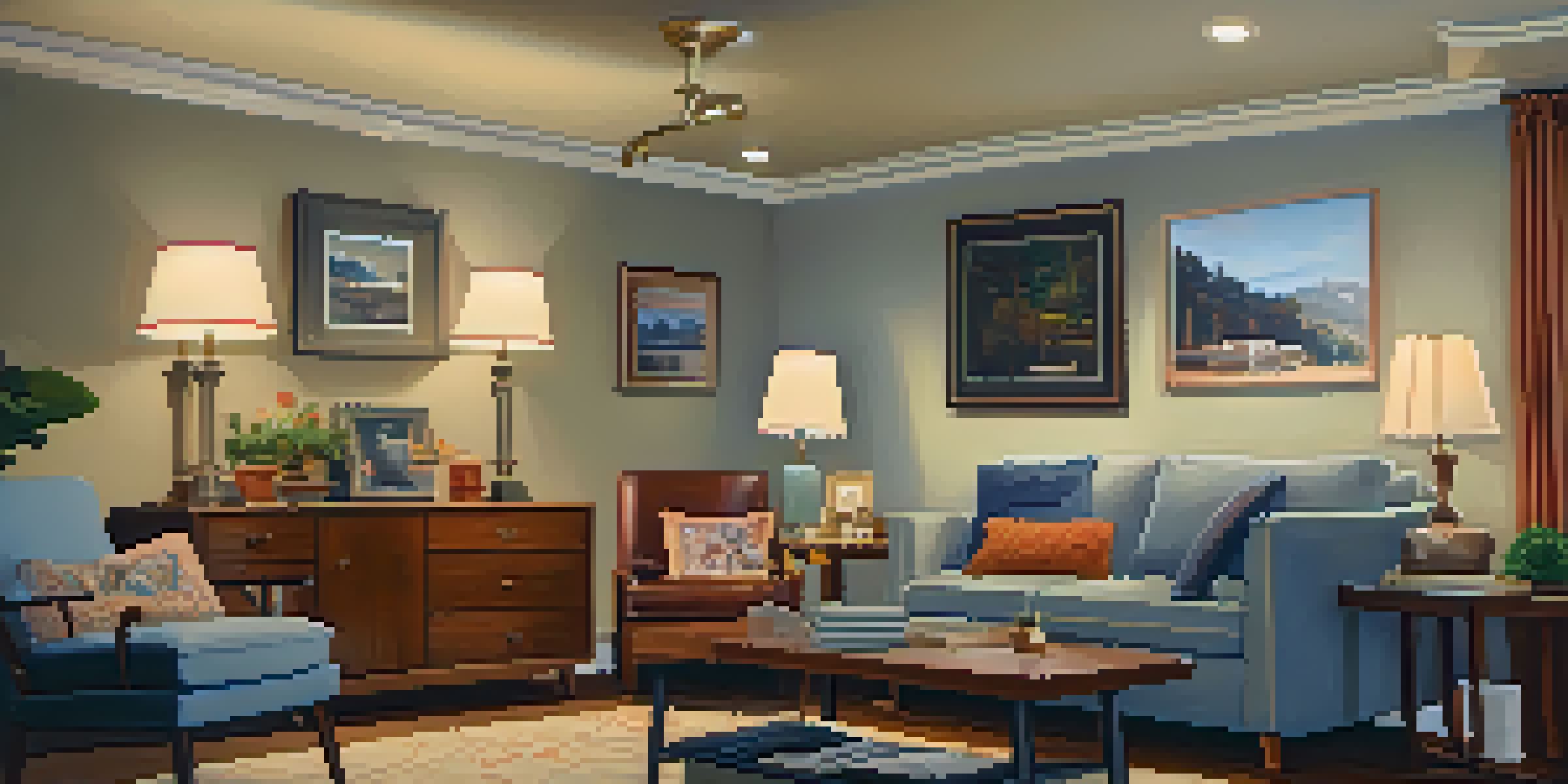 A warm and inviting living room with a smoke alarm on the ceiling, well-arranged furniture, and family photos on the wall.