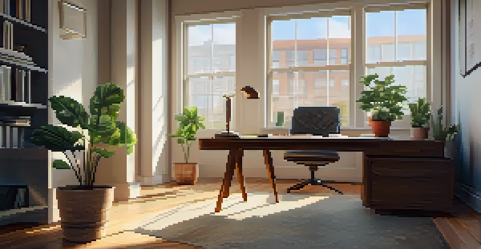 A modern office with a wooden desk, open laptop showing real estate contracts, and a potted plant, illuminated by soft sunlight through a window.