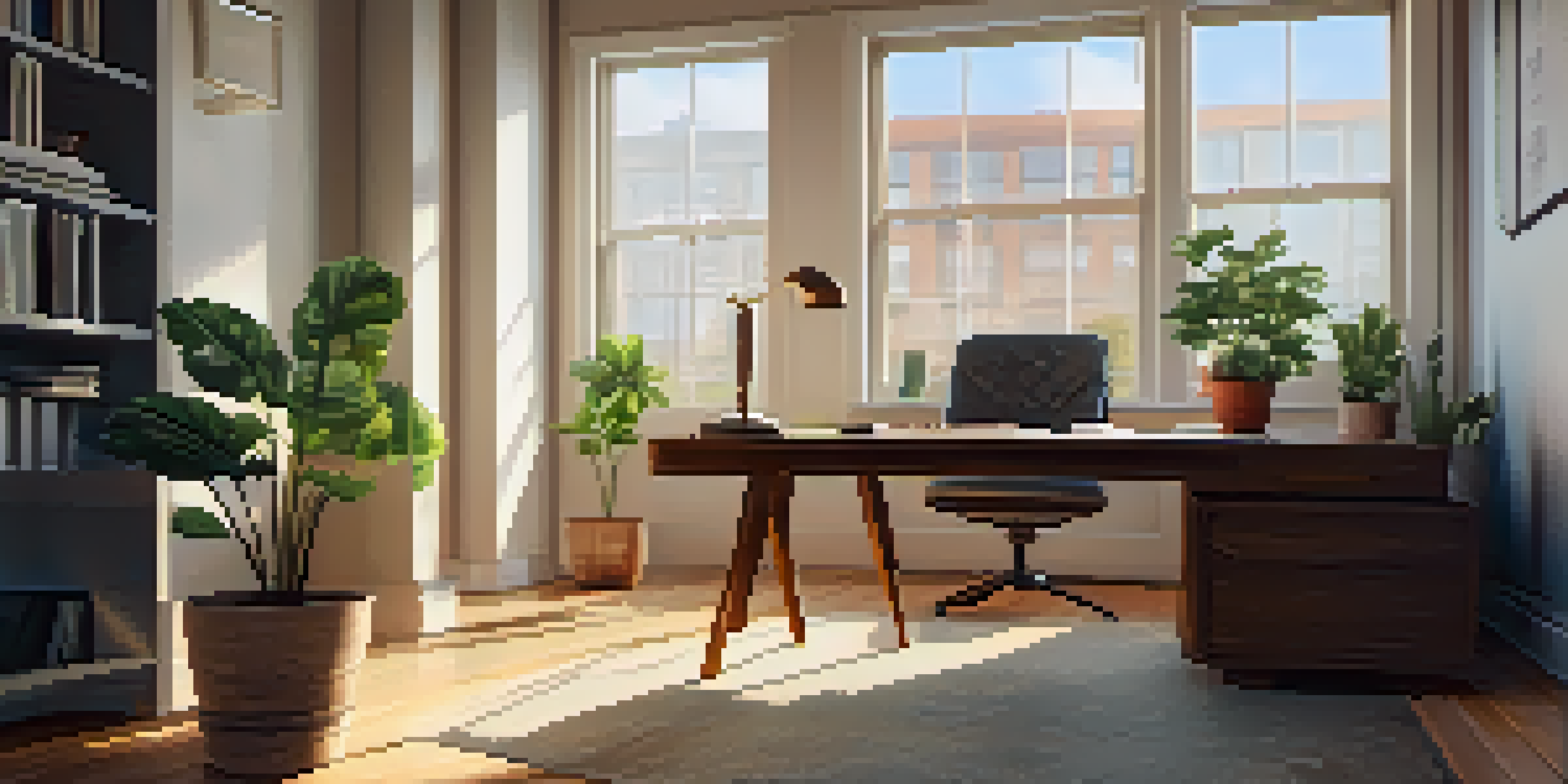 A modern office with a wooden desk, open laptop showing real estate contracts, and a potted plant, illuminated by soft sunlight through a window.