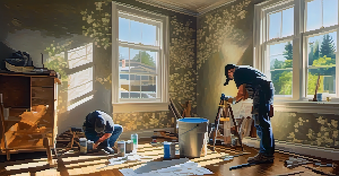 A living room in the midst of renovation, with wallpaper being removed and tools scattered around. Sunlight shines through a window, highlighting the contrast of old and new decor.