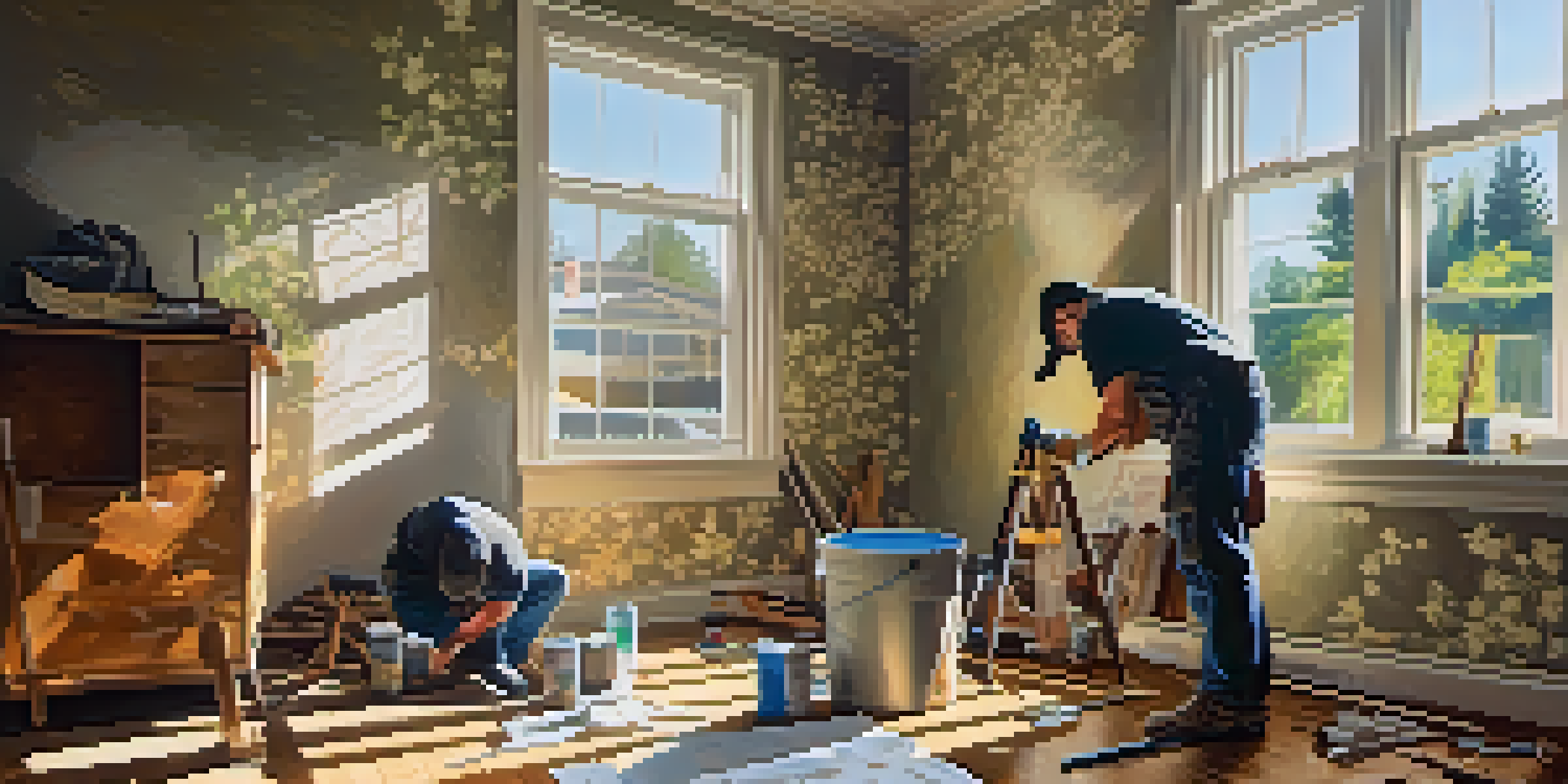 A living room in the midst of renovation, with wallpaper being removed and tools scattered around. Sunlight shines through a window, highlighting the contrast of old and new decor.