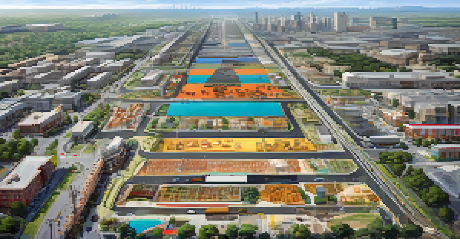 An aerial view of an urban area showing new infrastructure and construction, illustrating opportunities for land investment.