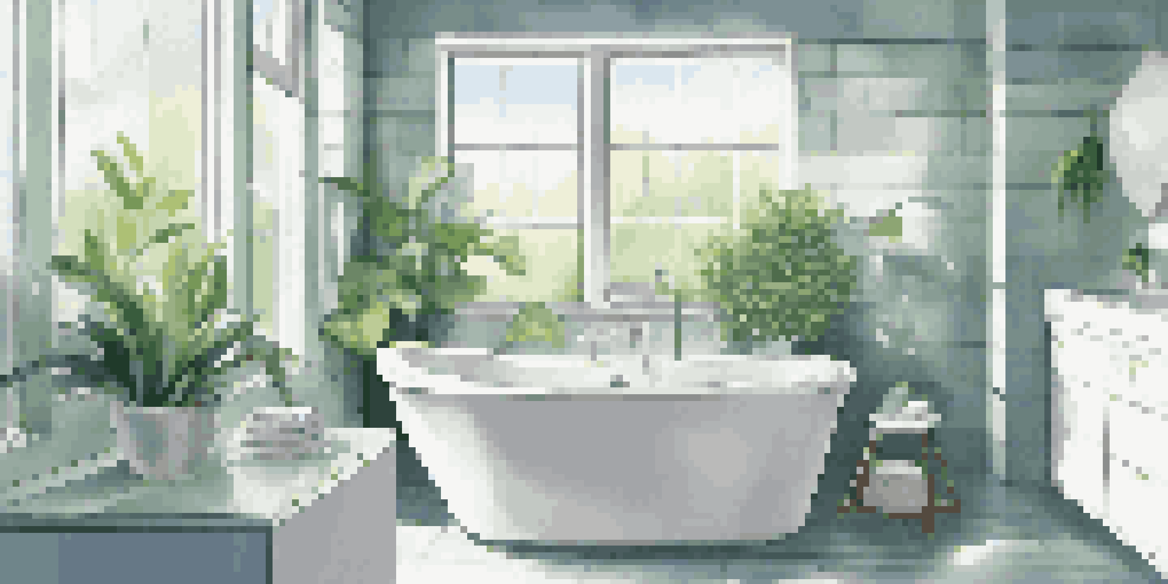 A bright bathroom showcasing an energy-efficient showerhead above a white bathtub, with natural light and green plants.
