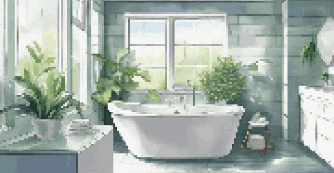 A bright bathroom showcasing an energy-efficient showerhead above a white bathtub, with natural light and green plants.