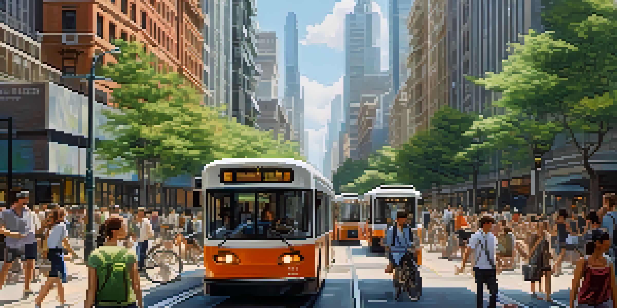 A vibrant city street filled with people using various forms of public transportation, surrounded by skyscrapers and greenery, under warm sunlight.