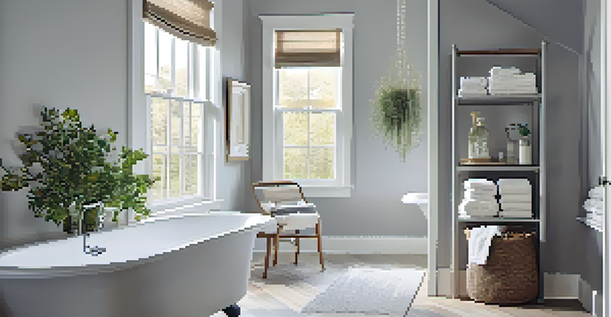 A bright bathroom with soft gray walls, white trim, and decorative towels, illuminated by natural light from a window.