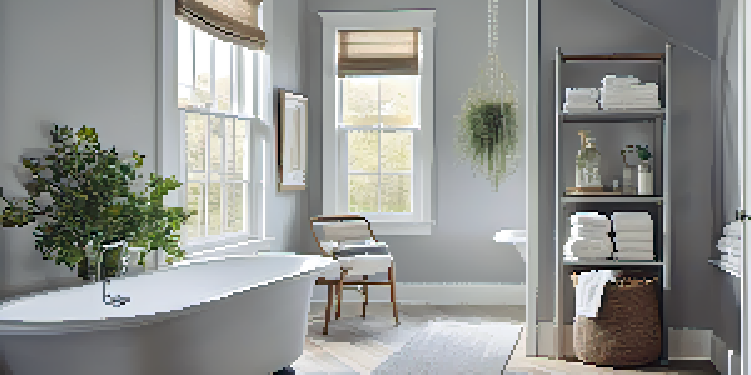A bright bathroom with soft gray walls, white trim, and decorative towels, illuminated by natural light from a window.