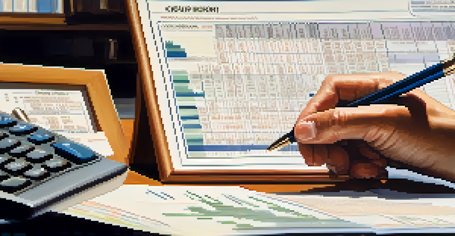 Close-up of hands holding a credit report in a financial planner's office, with charts in the background.