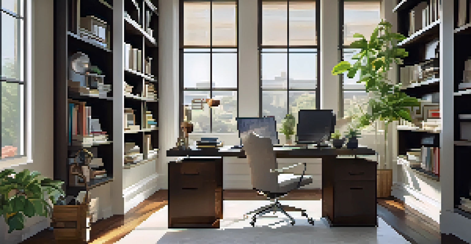 A modern home office with a sleek desk, ergonomic chair, and shelves filled with books.