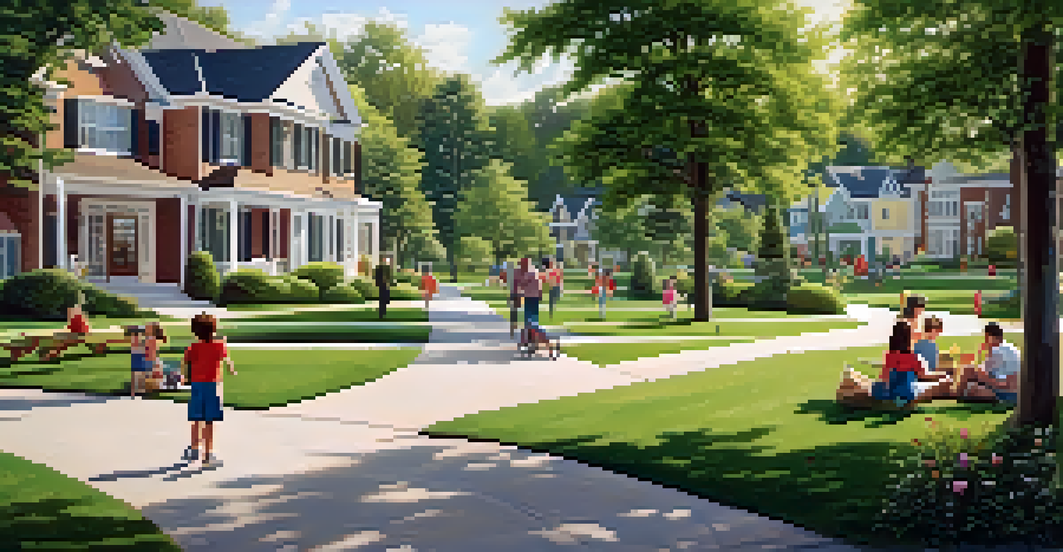 A peaceful suburban park with families picnicking, children playing, and lush greenery, surrounded by attractive homes.