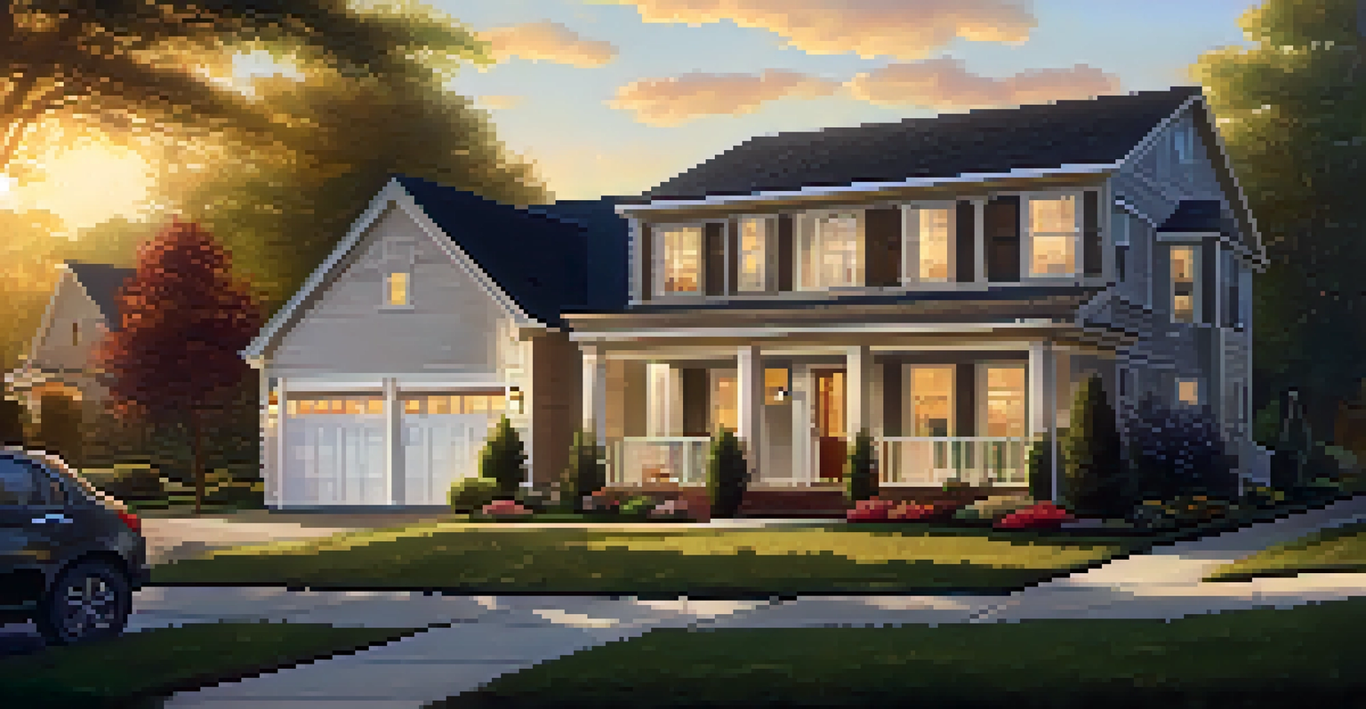 A suburban home with a yard and patio, children playing in the background during sunset.