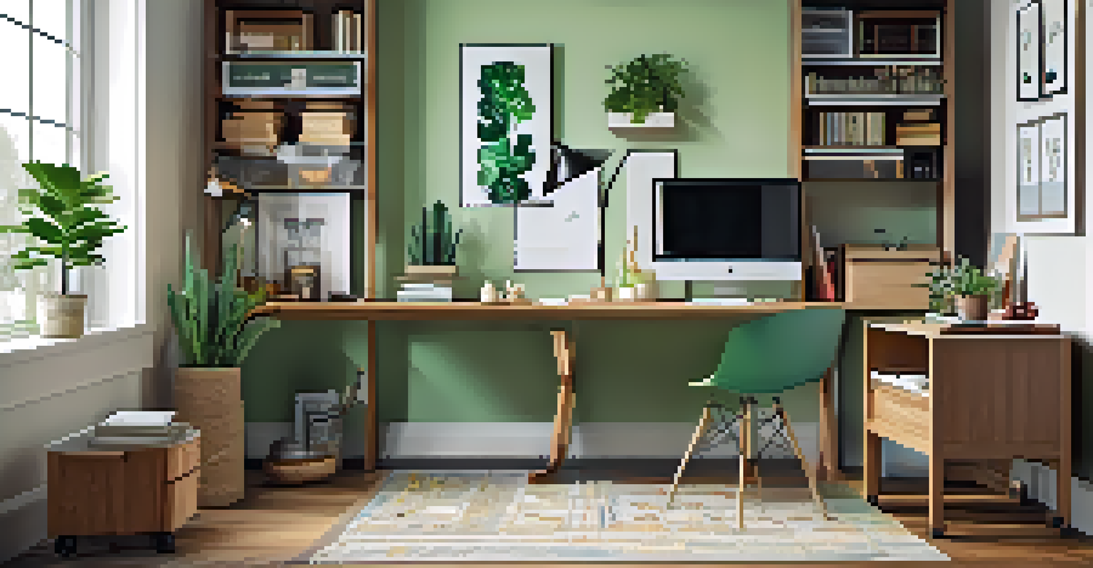 An organized home office with a multi-functional desk, warm pendant lighting, and colorful stationery.