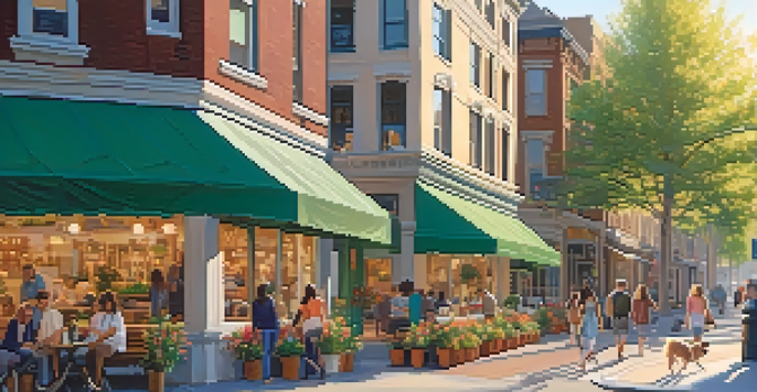 A lively urban neighborhood with cafes, shops, and green spaces, featuring people walking and relaxing in warm sunset light.