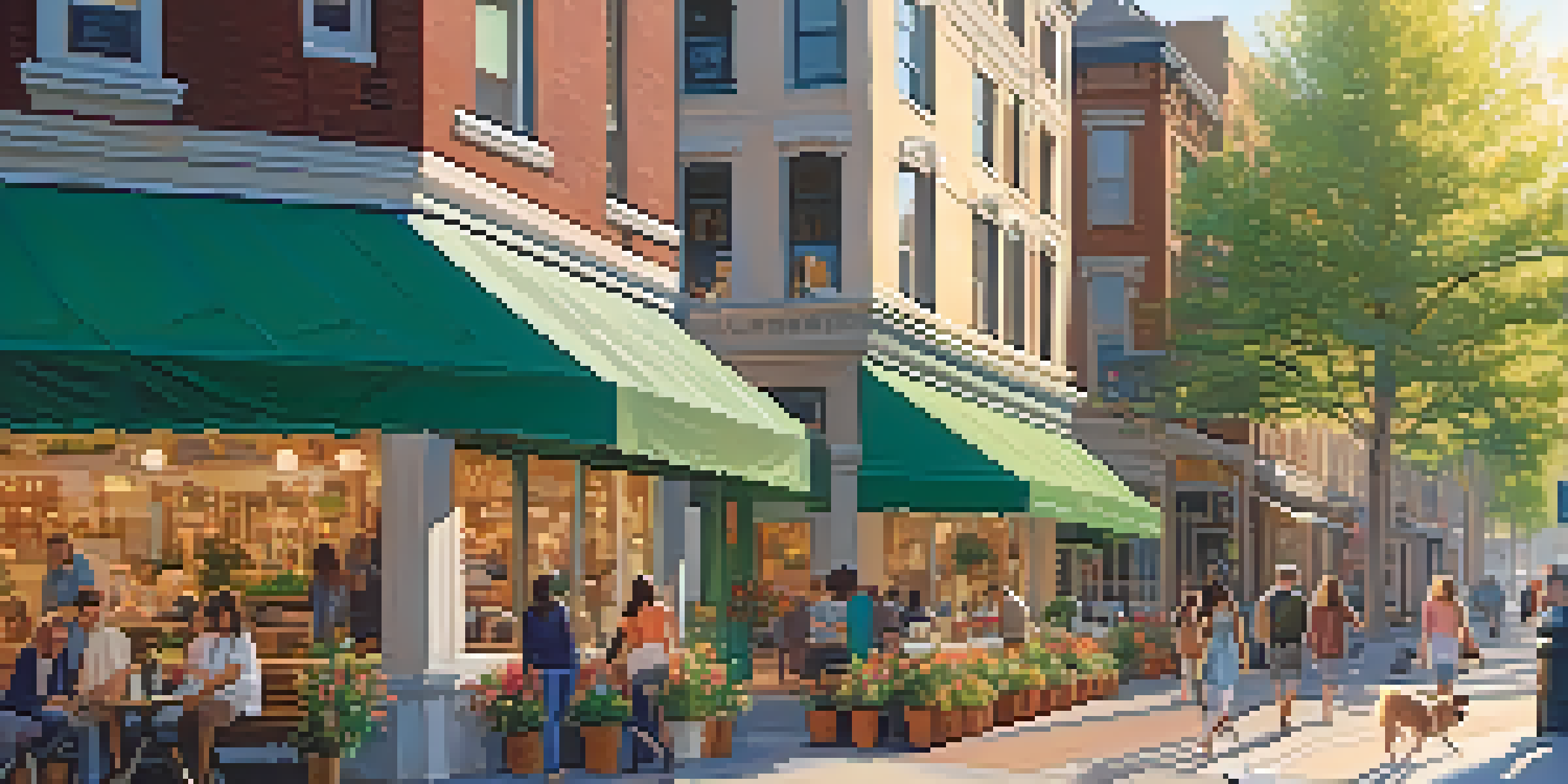 A lively urban neighborhood with cafes, shops, and green spaces, featuring people walking and relaxing in warm sunset light.