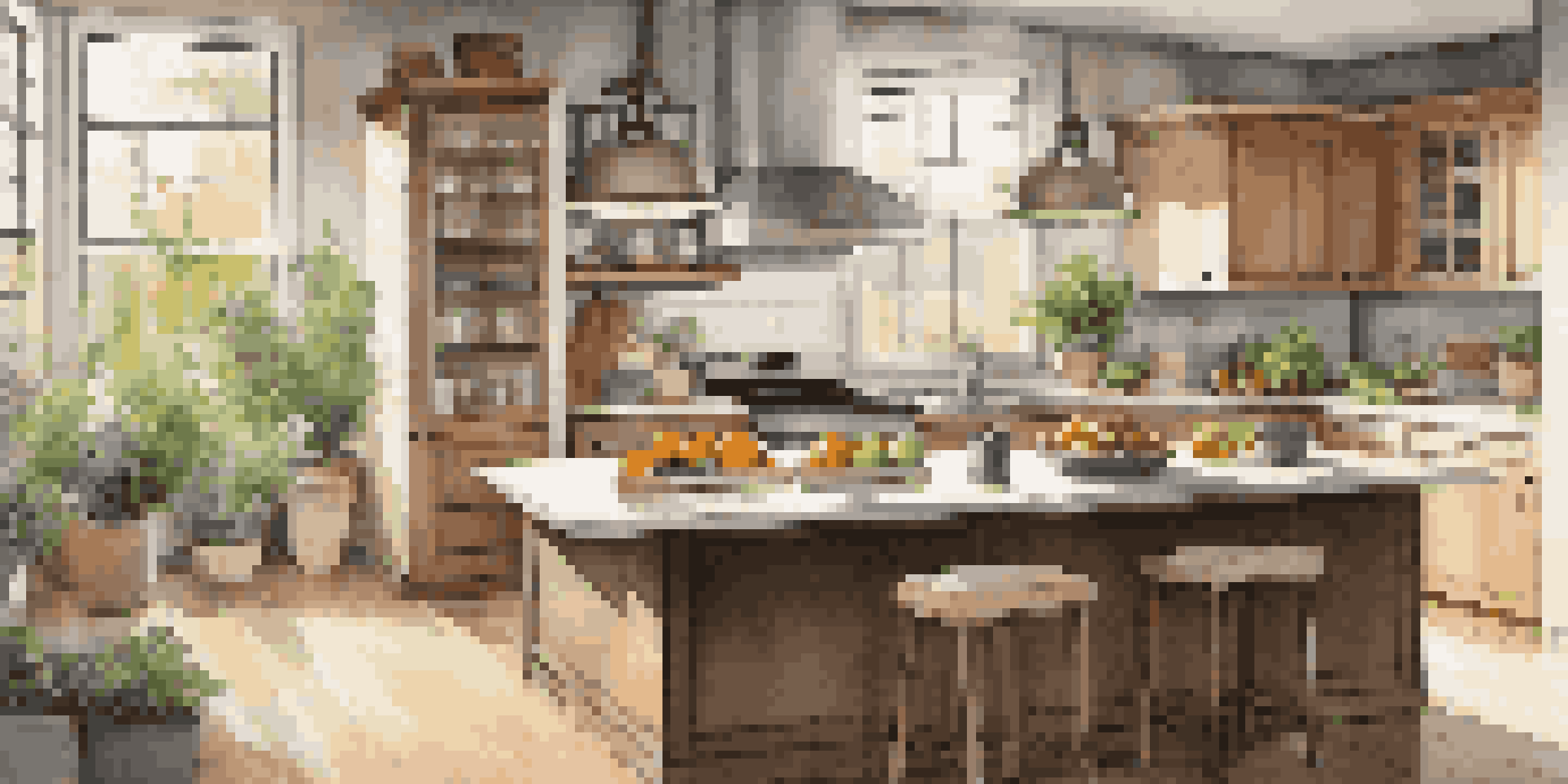 A modern kitchen with wooden cabinets, an island, and fresh herbs on the windowsill, illuminated by warm morning light.
