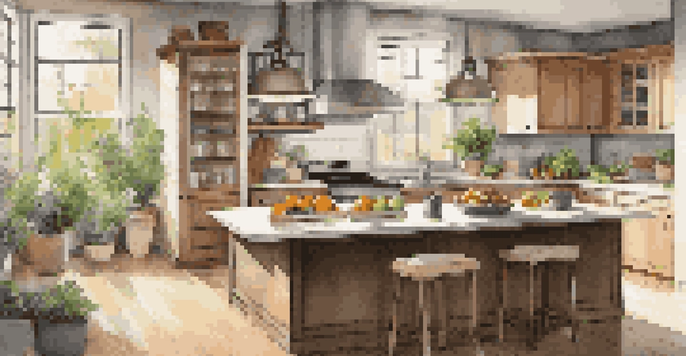A modern kitchen with wooden cabinets, an island, and fresh herbs on the windowsill, illuminated by warm morning light.