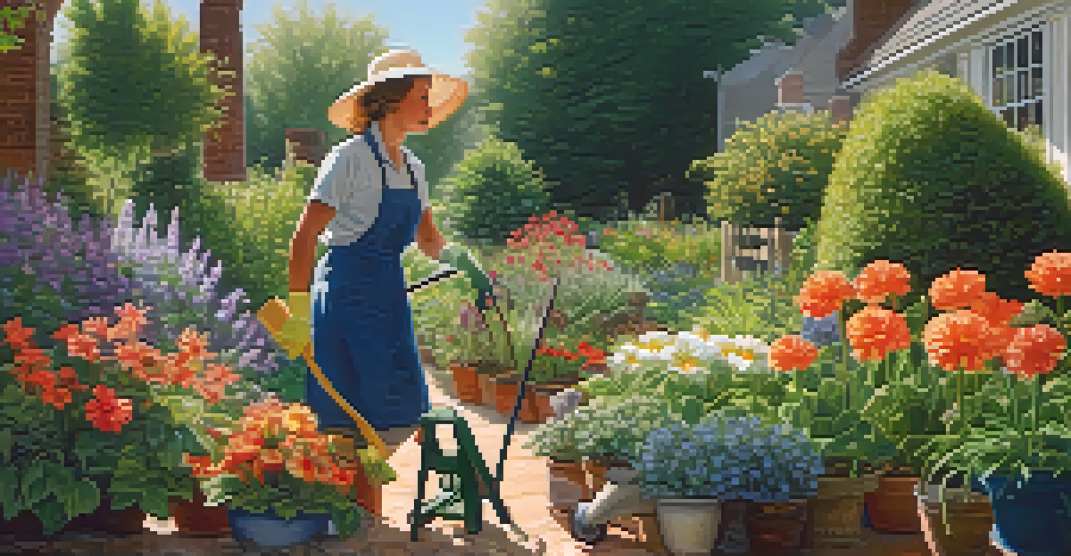A gardener nurturing plants in a sunny garden, surrounded by colorful flowers and gardening tools.