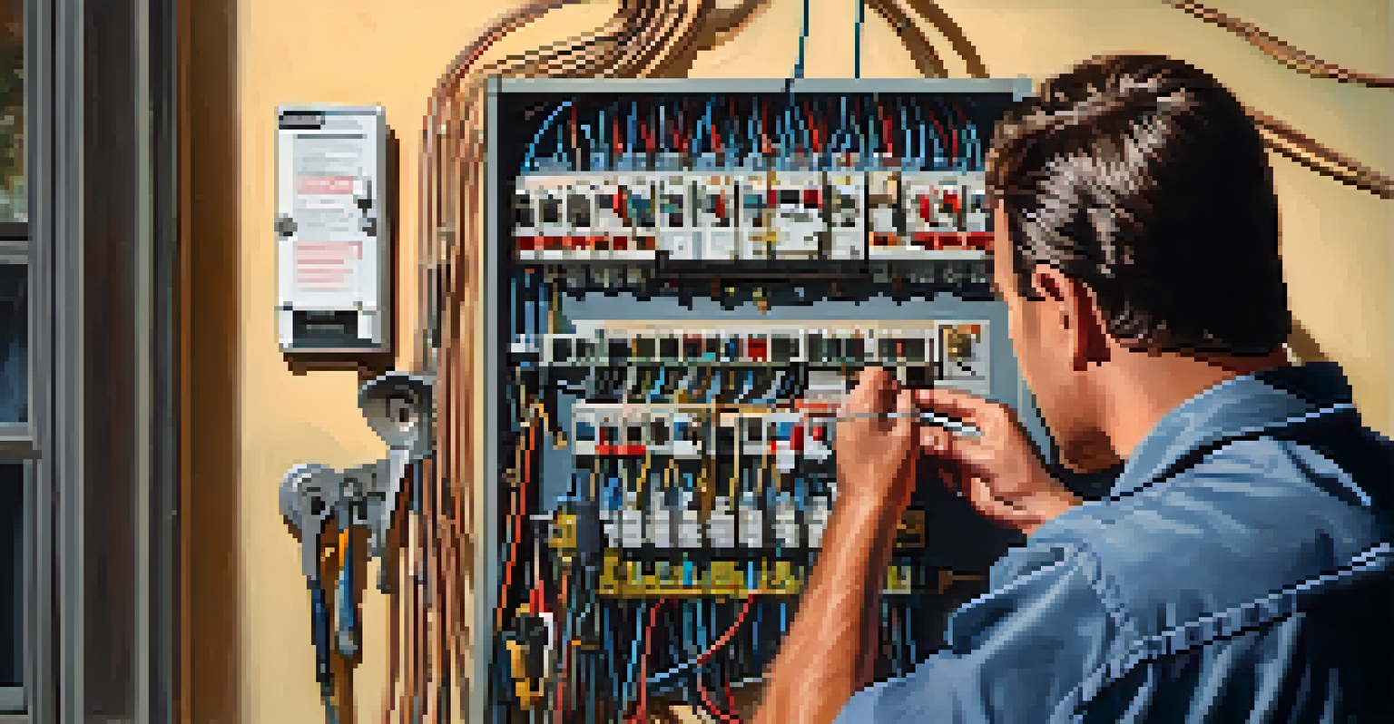 An electrical panel with outdated wiring and exposed wires, while a home inspector takes notes nearby.