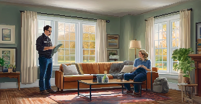 A home inspector checking electrical outlets in a bright living room, with a young couple watching.