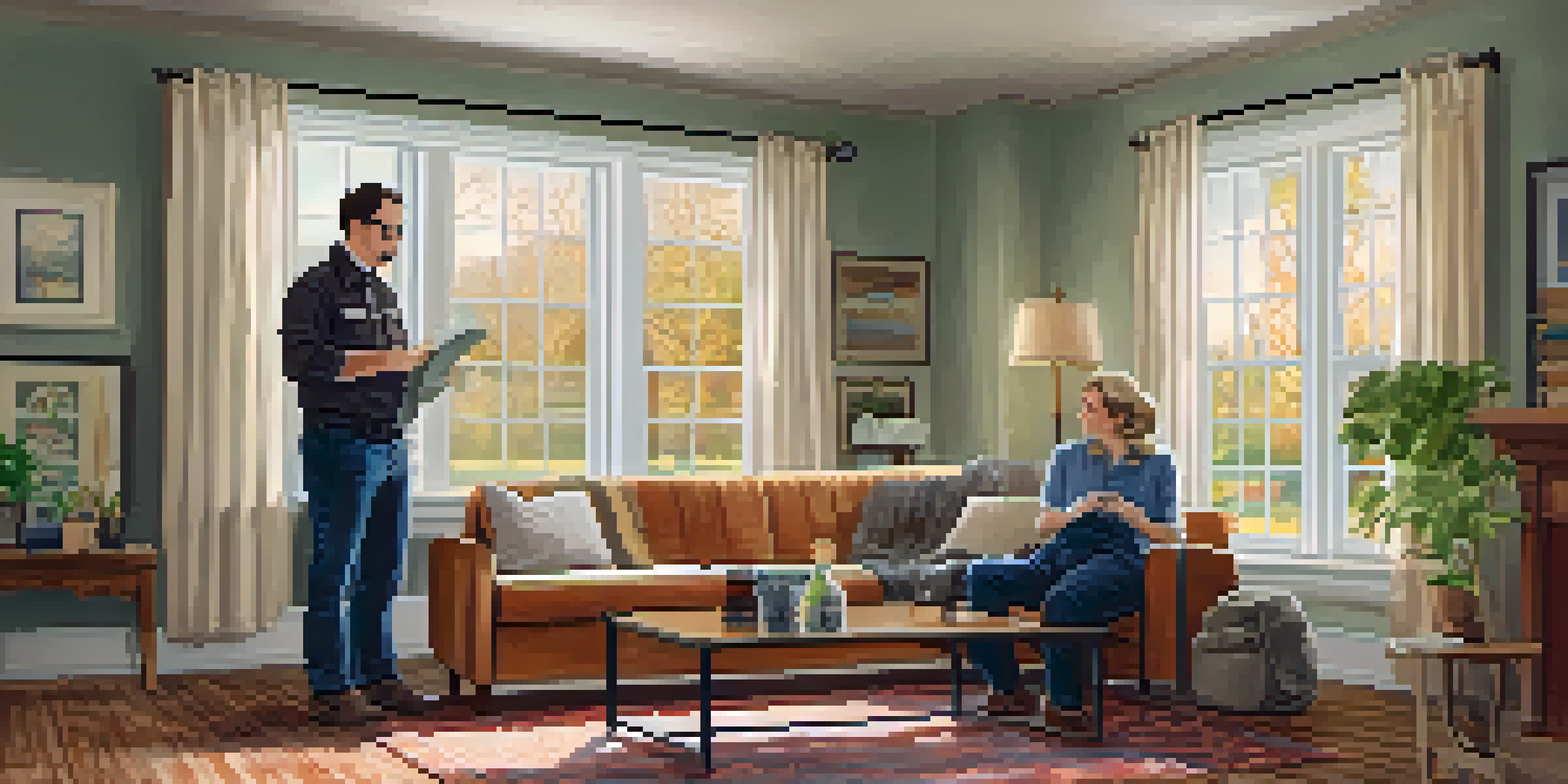 A home inspector checking electrical outlets in a bright living room, with a young couple watching.