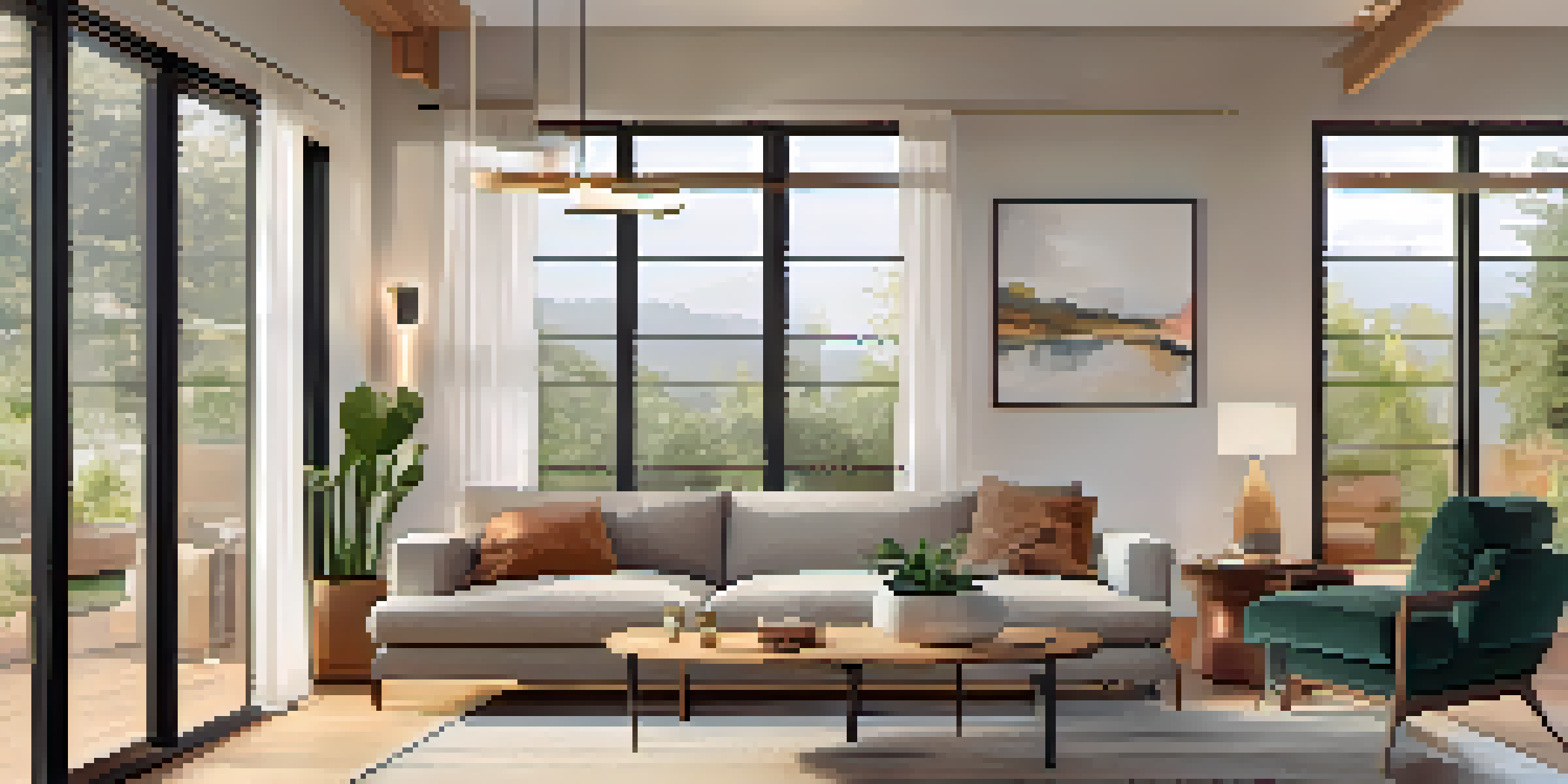 A contemporary living room with smart home features, including a smart thermostat, LED lighting, and a smart speaker, bathed in natural light.