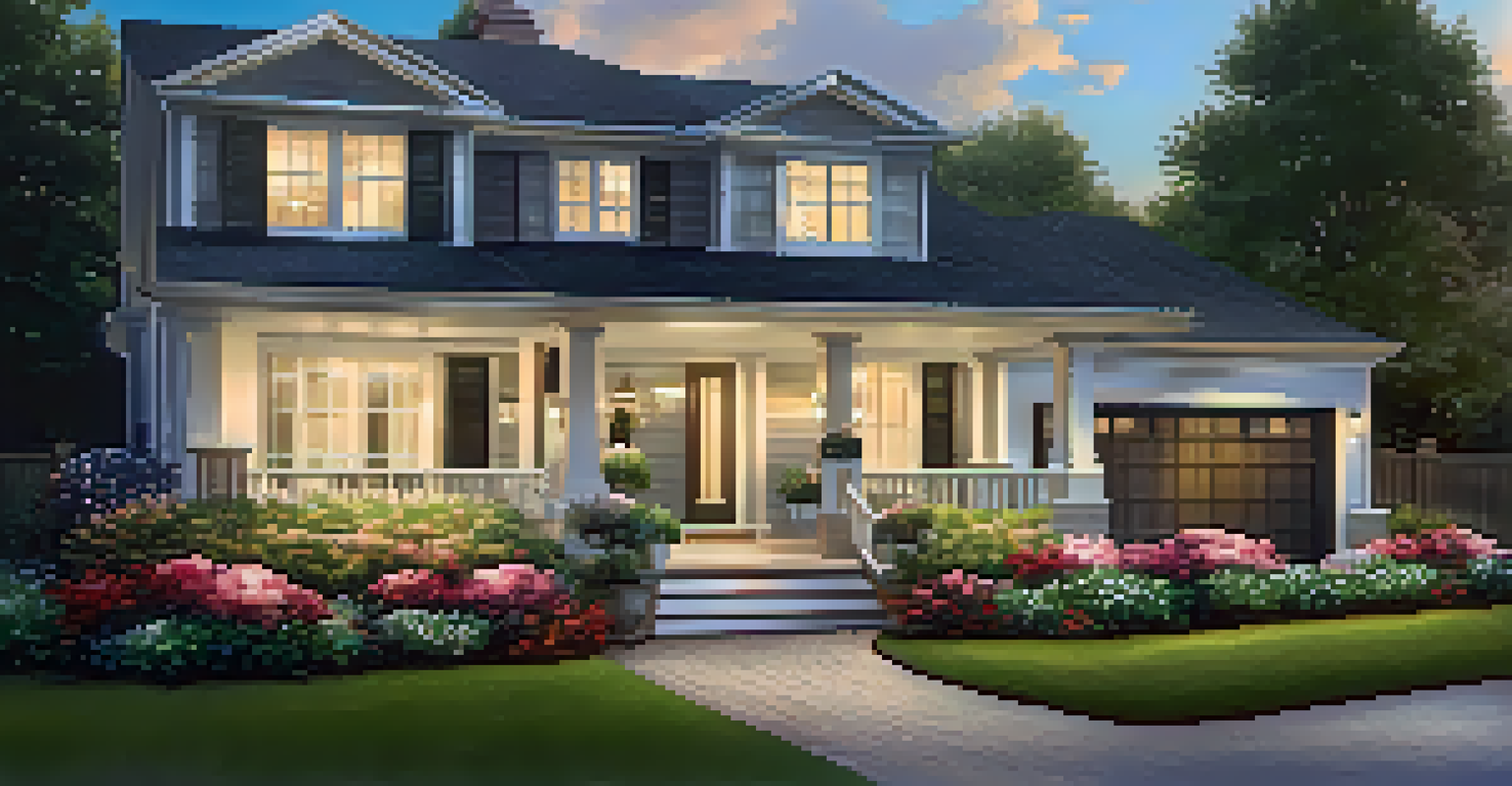 A charming home exterior with landscaped yard, fresh flowers, and a clean pathway, warmly lit with outdoor lighting on a summer evening.