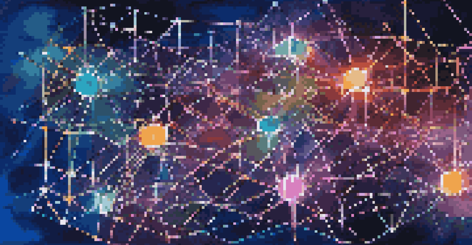 An abstract blockchain network with interconnected nodes and glowing lines, symbolizing real estate.