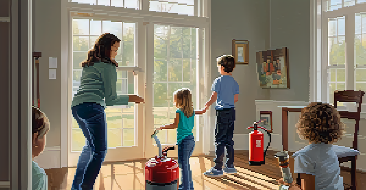A family practicing a fire drill at home, with a parent showing how to use a fire extinguisher.