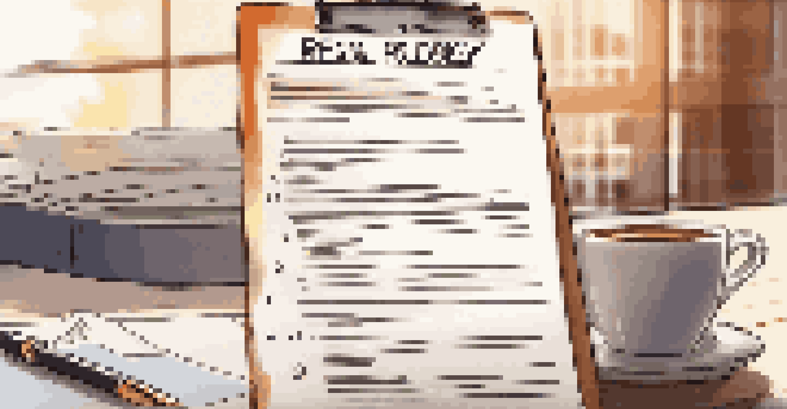 A detailed look at a clipboard with a rental policy document, set against a blurred office background with a laptop and coffee mug.